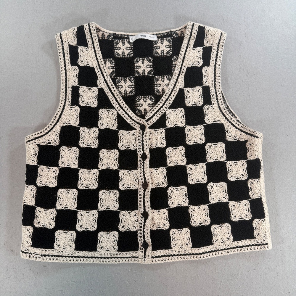 Mango MNG Crochet Checkered Sweater Vest Black Cream Floral XL